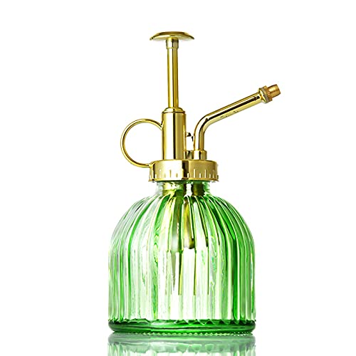 SMLJFO Glas-Bewässerungssprühflasche, 16,3 cm, Vintage-Stil, Spritzer mit goldener Pumpe, vertikales Muster, Gießkanne für Zimmerpflanzen, Garten, Heimdekoration (grün) von SMLJFO