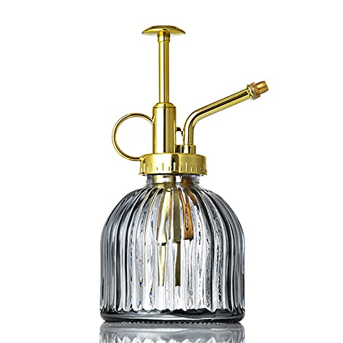 SMLJFO Glas-Bewässerungssprühflasche, 16,3 cm, Vintage-Stil, mit goldener Pumpe, vertikales Muster, Gießkanne für Pflanzen, Garten, Heimdekoration (grau) von SMLJFO