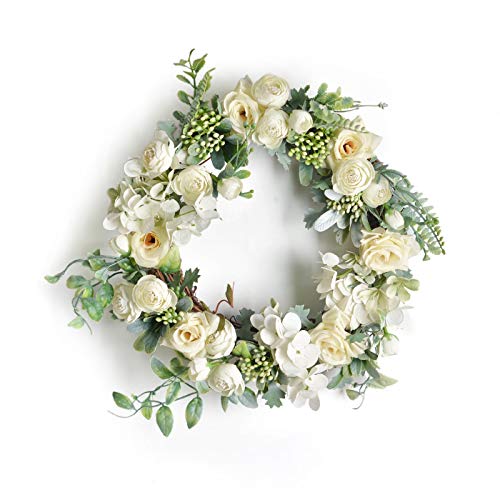 SMLJFO Künstliche Rosenkranz, Türkranz, Seidenblumen, Frühlingssommer-Kränze mit grünen Blättern, für Haustür, Innen- und Außenbereich, Heimdekoration, weiß, 36 cm von SMLJFO