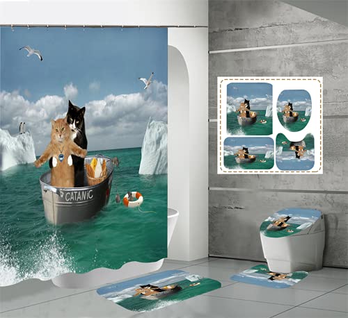 SMNVCKJ Duschvorhang mit Delfinmuster Bad vierteiliges Antirutsch-Teppich-Set, WC-Abdeckung Badematte, inklusive 12 Ringe, Wasser- und schimmelabweisende Wirkung (1,180 * 180cm) von SMNVCKJ
