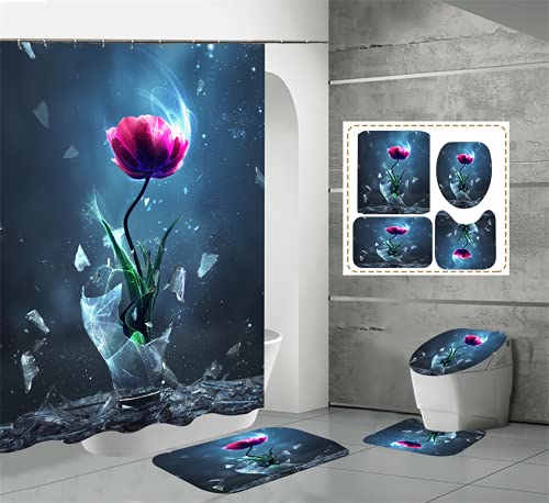 SMNVCKJ Duschvorhang mit Delfinmuster Bad vierteiliges Antirutsch-Teppich-Set, WC-Abdeckung Badematte, inklusive 12 Ringe, Wasser- und schimmelabweisende Wirkung (6,180 * 180cm) von SMNVCKJ