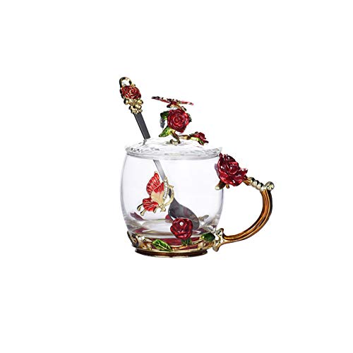 SMNVCKJ Emaille Glas Rose Kaffeetassen Mit Blumengriff - Handgemachte Blume Teetasse Mit Löffel Und Deckel Geschenkbox, EIN Geschenk Für Mutter, Freund, Lehrer (rot,320ml (mit Geschenkbox)) von SMNVCKJ