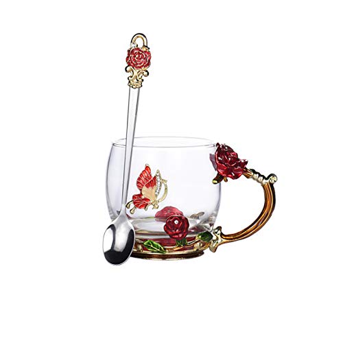 SMNVCKJ Emaille Kaffeetasse, Glas Tasse-Enthält Löffel, 3D Rose Schmetterling Glas Tasse Geschenk Für Lehrer (rot,320ml (mit Geschenkbox)) von SMNVCKJ
