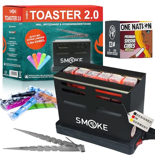 Smoke2u Toaster 2.0 | 800W Elektrischer Kohleanzünder Kohle Grill Kohlen Ofen mit Dreiseitiges-Hitzesystem, inkl. Gitterschutz, Zange, Hygienemundstücke, 6 min fertig - 2kg One Nation Shisha Kohle von SMOKE 2U