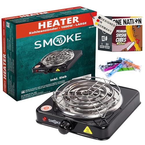 1000 W Elektrischer Kohleanzünder Blitzschnell, Kohle Anzünder mit Kohlegitter, Charcoal Hotplate mit Edelstahl Heizspirale, 5-Stufig mit Überhitzungsschutz - 8 Kg Kohle & 100 Hygienemundstücke von SMOKE 2U