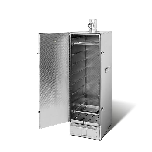 SMOKI Räucherofen JUMBO Original - Doppelwandig isoliert- 125x39x53cm - aus Geprägtem Edelstahl - mit Rauchabzug - für 16 Flachroste oder Fischkörbe von SMOKI Räuchertechnik