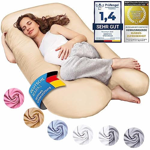 SMOOTHY Schwangerschaftskissen, Seitenschläferkissen, Lagerungskissen, Baby-Kissen & Stillkissen in U-Form mit abnehmbarem & waschbarem Bezug aus 100% Baumwolle (Junior XL, 120 x 70 cm, Beige) von SMOOTHY