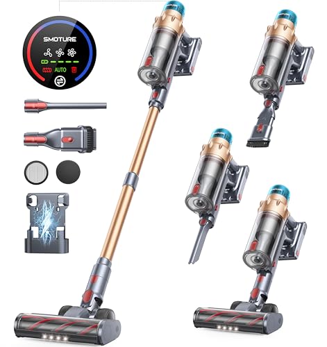 Akku Staubsauger 50KPA/600W/65Min, Selbststehender Staubsauger Kabellos mit Wandmontierte Ladestation, Automatikmodus, Anti-Tangle-Bürste, 8-Schicht-Filtration für Tierhaare/Teppiche/Hartböden/Auto von SMOTURE