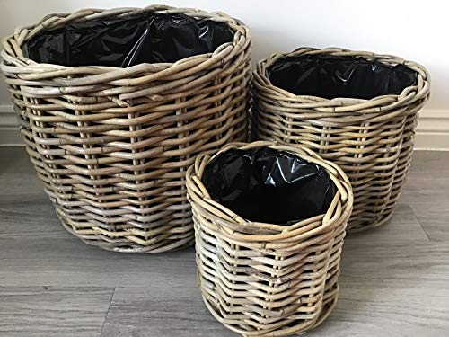 SMRL Runde Körbe/Pflanzgefäße, Kunststofffutter, hervorragende Qualität, sehr stabiles Kuba-Rattan, Rattan, M von SMRL