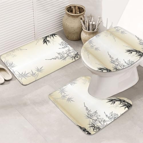 3-teiliges Badezimmerteppich-Set, ultraweich, rutschfest, Badteppich und saugfähige Badematte, Bambus und Kirschblüten, Baum, Zen, Badezimmerteppich, Badewanne, Dusche von SMSJTMWHN
