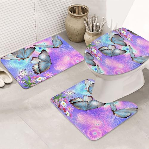 3-teiliges Badezimmerteppich-Set, ultraweich, rutschfest, Badteppich und saugfähige Badematte, Blumen, bunte Schmetterlinge, Badezimmerteppiche, Badewanne, Dusche von SMSJTMWHN