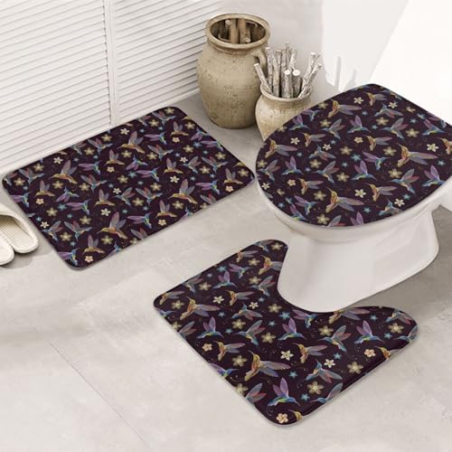 3-teiliges Badezimmerteppich-Set, ultraweich, rutschfest, Badteppich und saugfähige Badematte, Blumenkolibri-Stickerei, Badezimmerteppich, Badewanne, Dusche von SMSJTMWHN