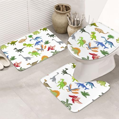 3-teiliges Badezimmerteppich-Set, ultraweich, rutschfest, Badteppich und saugfähige Badematte, Cartoon-Dinosaurier-Bilder, Badezimmerteppich, Badewanne, Dusche von SMSJTMWHN