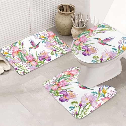 3-teiliges Badezimmerteppich-Set, ultraweich, rutschfest, Badteppich und saugfähige Badematte, Garten mit Vögeln und Blumen, Badezimmerteppiche, Badewanne, Dusche von SMSJTMWHN