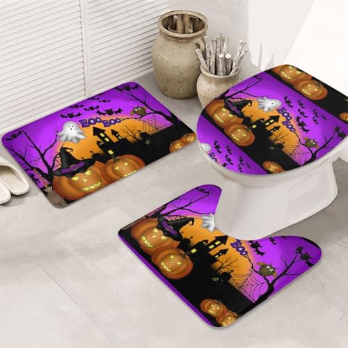 3-teiliges Badezimmerteppich-Set, ultraweich, rutschfest, Badteppich und saugfähige Badematte, Halloween-Eule, Geist, Kürbis, Badezimmerteppich, Badewanne, Dusche von SMSJTMWHN