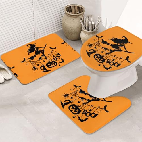 3-teiliges Badezimmerteppich-Set, ultraweich, rutschfest, Badteppich und saugfähige Badematte, Halloween-Hexe, fliegende Badezimmerteppiche, Badewanne, Dusche von SMSJTMWHN