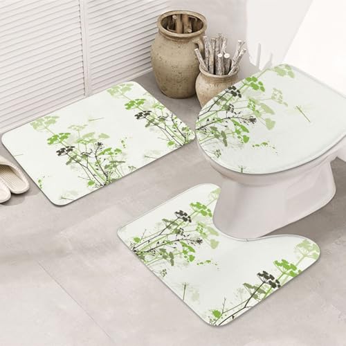 3-teiliges Badezimmerteppich-Set, ultraweich, rutschfest, Badteppich und saugfähige Badematte, Laub und Kräuter mit Libellen, Flügeln, Badezimmerteppiche, Badewanne, Dusche von SMSJTMWHN
