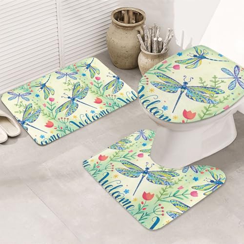 3-teiliges Badezimmerteppich-Set, ultraweich, rutschfest, Badteppich und saugfähige Badematte, Libellen und Blumen, Badezimmerteppiche, Badewanne, Dusche von SMSJTMWHN