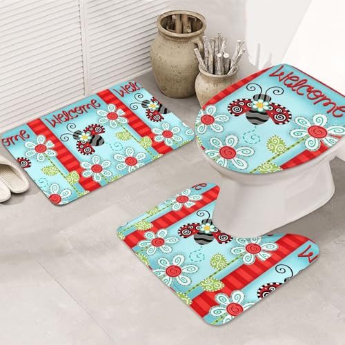 3-teiliges Badezimmerteppich-Set, ultraweich, rutschfest, Badteppich und saugfähige Badematte, Marienkäfer-Blume, Badezimmerteppich, Badewanne, Dusche von SMSJTMWHN