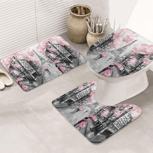 3-teiliges Badezimmerteppich-Set, ultraweich, rutschfest, Badteppich und saugfähige Badematte, Motiv: Paris Street Tower mit rosa Blumenmuster, Badewanne, Dusche von SMSJTMWHN
