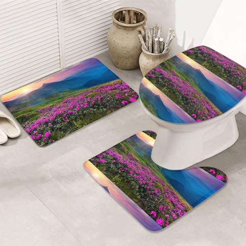 3-teiliges Badezimmerteppich-Set, ultraweich, rutschfest, Badteppich und saugfähige Badematte, Natur, Lila, Blumen, Wiese, Berge, malerische Badezimmerteppiche, Badewanne, Dusche von SMSJTMWHN