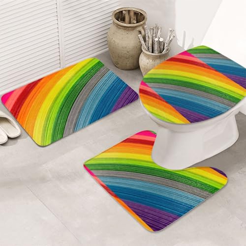 3-teiliges Badezimmerteppich-Set, ultraweich, rutschfest, Badteppich und saugfähige Badematte, Regenbogenfarben, gestreift, Badezimmerteppich, Badewanne, Dusche von SMSJTMWHN