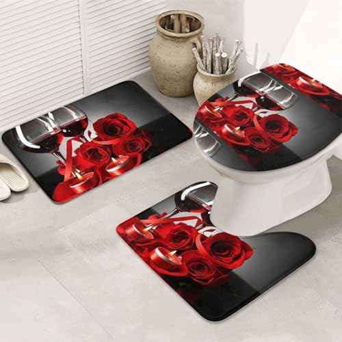 3-teiliges Badezimmerteppich-Set, ultraweich, rutschfest, Badteppich und saugfähige Badematte, Rotweinrose und Kerze, Badezimmerteppich, Badewanne, Dusche von SMSJTMWHN