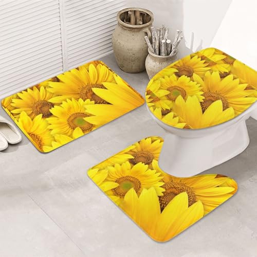 3-teiliges Badezimmerteppich-Set, ultraweich, rutschfest, Badteppich und saugfähige Badematte, Sonnenblumen, gelbe Blumen, Badezimmerteppich, Badewanne, Dusche von SMSJTMWHN