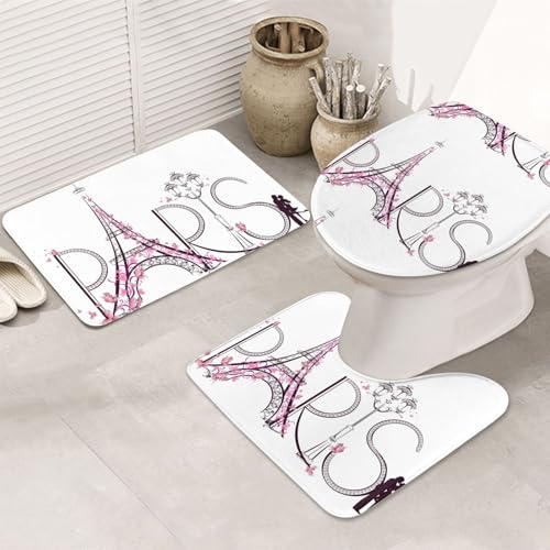 3-teiliges Badezimmerteppich-Set, ultraweich, rutschfest, Badteppich und saugfähige Badematte, Turm mit Paris, Paar, Ausflug, Blumen, Badezimmerteppiche, Badewanne, Dusche von SMSJTMWHN