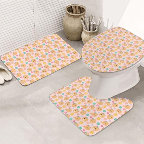 3-teiliges Badezimmerteppich-Set, ultraweich, rutschfest, Badteppich und saugfähige Badematte, Zwergspitz, Cartoon-Blumen, Badezimmerteppich, Badewanne, Dusche von SMSJTMWHN