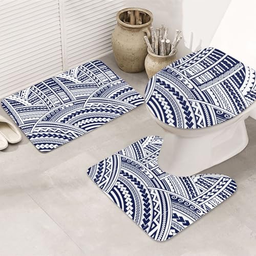 3-teiliges Badezimmerteppich-Set, ultraweich, rutschfest, Badteppich und saugfähige Badematte, blau, polynesisches Maori-Tribal-Muster, Badezimmerteppich, Badewanne, Dusche von SMSJTMWHN