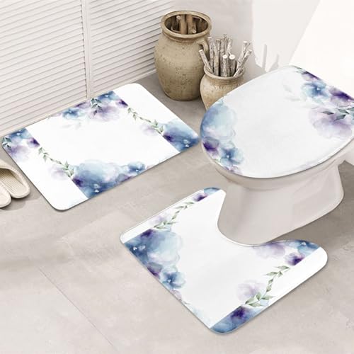 3-teiliges Badezimmerteppich-Set, ultraweich, rutschfest, Badteppich und saugfähige Badematte, blaue, violette Blumen und grüne Blätter, Badezimmerteppiche, Badewanne, Dusche von SMSJTMWHN