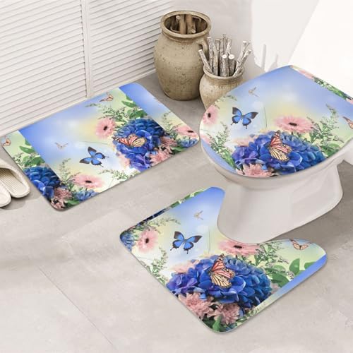 3-teiliges Badezimmerteppich-Set, ultraweich, rutschfest, Badteppich und saugfähige Badematte, blaue Schmetterlinge und Blumen, Badezimmerteppiche, Badewanne, Dusche von SMSJTMWHN