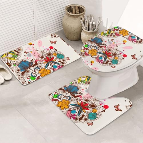 3-teiliges Badezimmerteppich-Set, ultraweich, rutschfest, Badteppich und saugfähige Badematte, bunte Blume, Schmetterling, Badezimmerteppich, Badewanne, Dusche von SMSJTMWHN