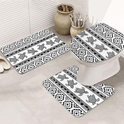 3-teiliges Badezimmerteppich-Set, ultraweich, rutschfest, Badteppich und saugfähige Badematte, ethnische Schildkröte, gestreift, Badezimmerteppich, Badewanne, Dusche von SMSJTMWHN