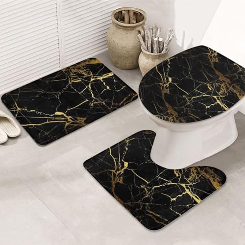 3-teiliges Badezimmerteppich-Set, ultraweich, rutschfest, Badteppich und saugfähige Badematte, goldschwarze Tapete, Badezimmerteppich, Badewanne, Dusche von SMSJTMWHN