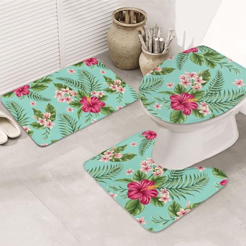 3-teiliges Badezimmerteppich-Set, ultraweich, rutschfest, Badteppich und saugfähige Badematte, hawaiianische tropische Blätter, Blumen, Badezimmerteppich, Badewanne, Dusche von SMSJTMWHN