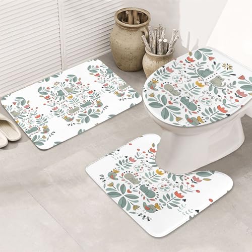 3-teiliges Badezimmerteppich-Set, ultraweich, rutschfest, Badteppich und saugfähige Badematte, lustige Katzen, Vögel und Blumen, Badezimmerteppich, Badewanne, Dusche von SMSJTMWHN