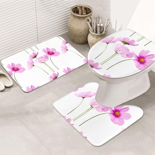 3-teiliges Badezimmerteppich-Set, ultraweich, rutschfest, Badteppich und saugfähige Badematte, rosa Blätter, Blumen, Badezimmerteppich, Badewanne, Dusche von SMSJTMWHN