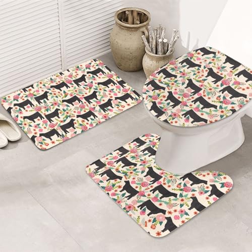 3-teiliges Badezimmerteppich-Set, ultraweich, rutschfest, Badteppich und saugfähige Badematte, rosa Blume, Lenker, Kühe, Rinder, Badezimmer, Teppiche, Badewanne, Dusche von SMSJTMWHN