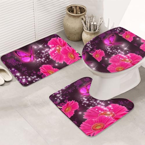 3-teiliges Badezimmerteppich-Set, ultraweich, rutschfest, Badteppich und saugfähige Badematte, rosa Blume, violett, Schmetterling, Badezimmerteppich, Badewanne, Dusche von SMSJTMWHN