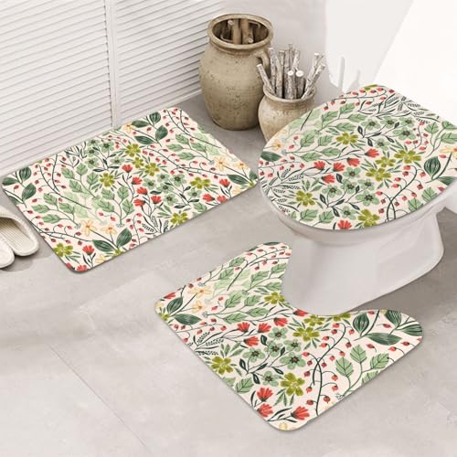 3-teiliges Badezimmerteppich-Set, ultraweich, rutschfest, Badteppich und saugfähige Badematte, schöne Blumen, Badezimmerteppiche, Badewanne, Dusche von SMSJTMWHN