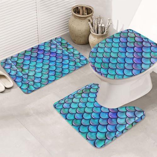 3-teiliges Badezimmerteppich-Set, ultraweich, rutschfest, Badvorleger und saugfähige Badematte, Meerjungfrau-Blaugrün, Fische, Badezimmerteppich, Badewanne, Dusche von SMSJTMWHN