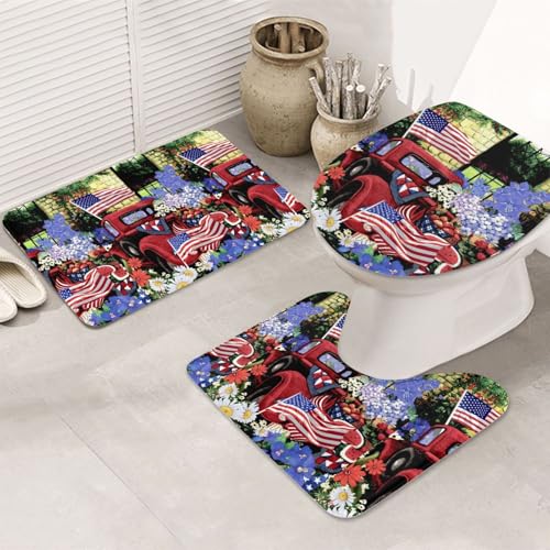 3-teiliges Badezimmerteppich-Set, ultraweich, rutschfester Badteppich und saugfähige Badematte, 4. Juli, patriotisch, altes rotes LKW, Badezimmer, Badewanne, Dusche von SMSJTMWHN