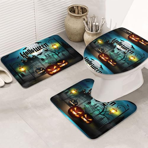 3-teiliges Badezimmerteppich-Set, ultraweich, rutschfester Badteppich und saugfähige Badematte, Eule, Kürbis, Happy Halloween, Badezimmerteppich, Badewanne, Dusche von SMSJTMWHN