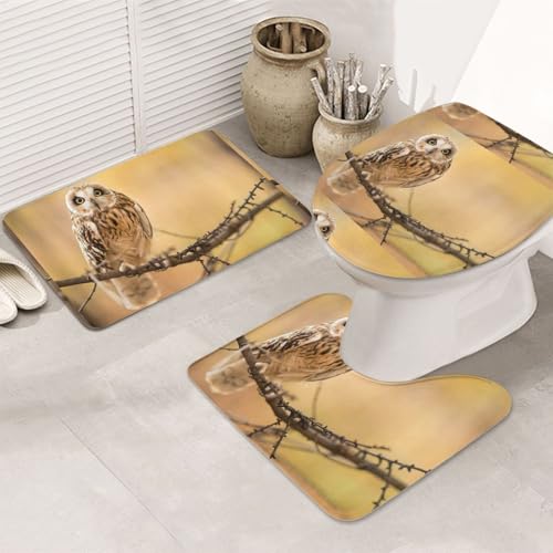 3-teiliges Badezimmerteppich-Set, ultraweich, rutschfester Badteppich und saugfähige Badematte, Eule steht auf dem Baum, Badezimmerteppich, Badewanne, Dusche von SMSJTMWHN