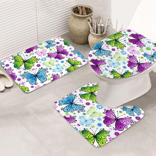3-teiliges Badezimmerteppich-Set, ultraweich, rutschfester Badteppich und saugfähige Badematte, Frühlings-Buntschmetterling, Badezimmerteppich, Badewanne, Dusche von SMSJTMWHN