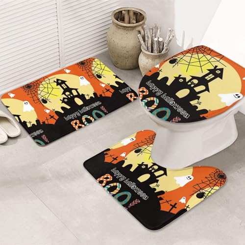 3-teiliges Badezimmerteppich-Set, ultraweich, rutschfester Badteppich und saugfähige Badematte, Halloween-Geister-Kürbis-Badezimmerteppich, Badewanne, Dusche von SMSJTMWHN