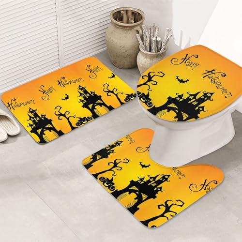3-teiliges Badezimmerteppich-Set, ultraweich, rutschfester Badteppich und saugfähige Badematte, Halloween-Kürbis-Fledermaus-Haus, Badezimmerteppich, Badewanne, Dusche von SMSJTMWHN