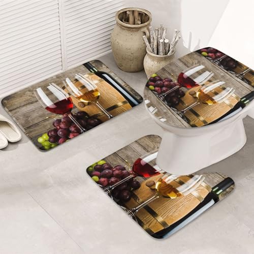 3-teiliges Badezimmerteppich-Set, ultraweich, rutschfester Badteppich und saugfähige Badematte, Rotwein-Galssen und Trauben mit Holz-Badezimmerteppichen, Badewanne, Dusche 3-teiliges Badezimmerteppich-Set, ultraweich, rutschfester Badteppich und saugfähige Badematte, Rotwein-Galssen und Trauben mit Holz-Badezimmerteppichen, Badewanne, Dusche von SMSJTMWHN